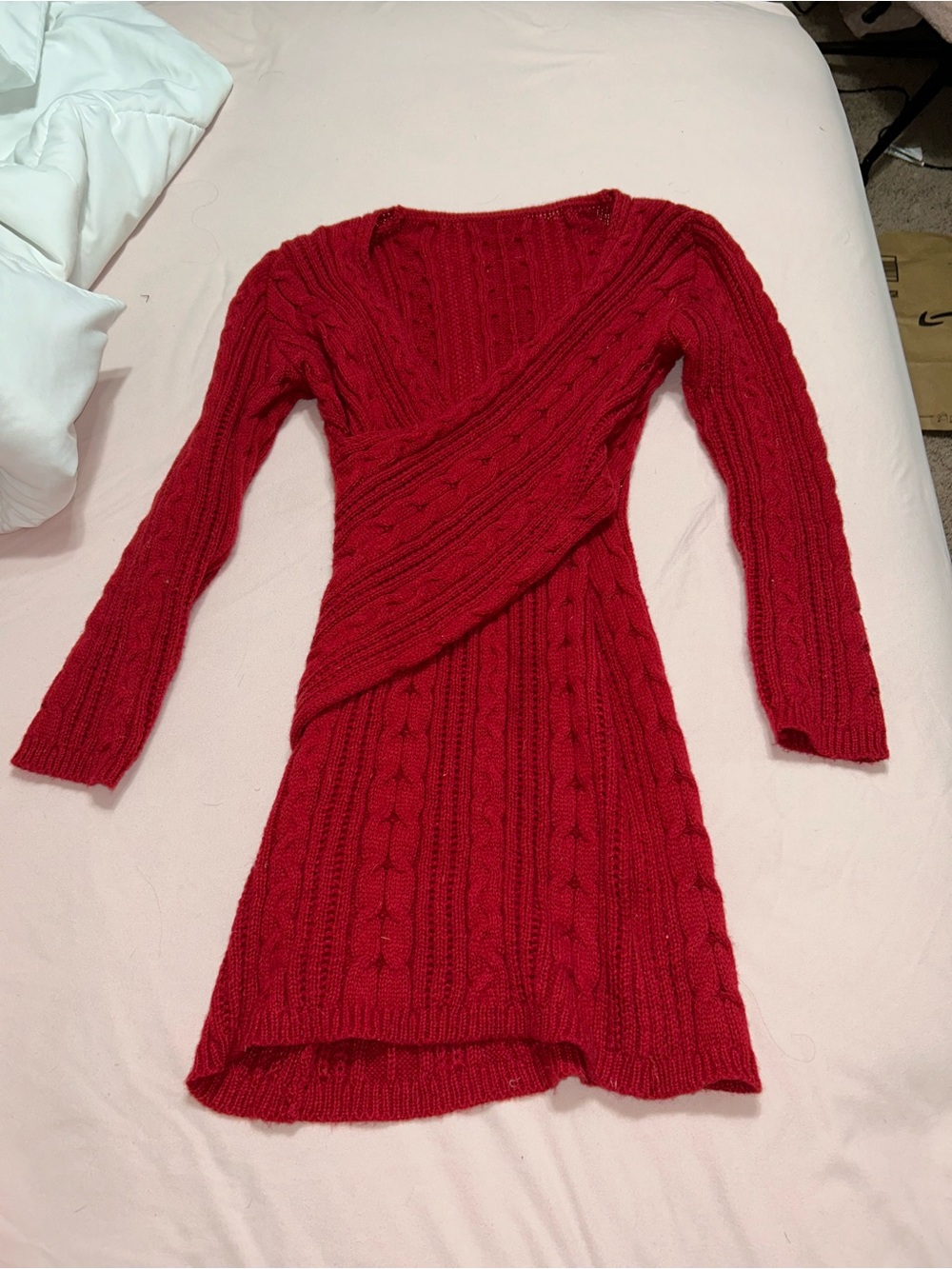 Red Cable Knit Wrap-Style Dress
